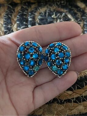 Blue Crystal Teardrop Clip-On Earrings